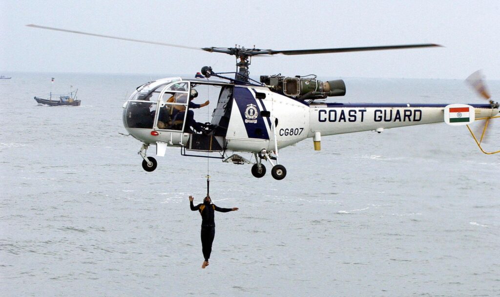 HAL Hands Over ALH Mk III Helicopters to Coast Guard, Boosting India’s Maritime Security Indian Coast Guard helicopter performing search and rescue operation at sea