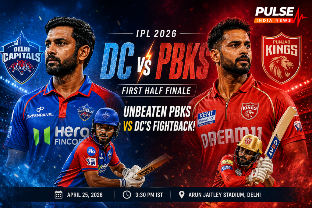 Delhi Capitals vs Punjab Kings IPL 2026 match poster with DC in blue and PBKS in red showing first half finale clash in Delhi