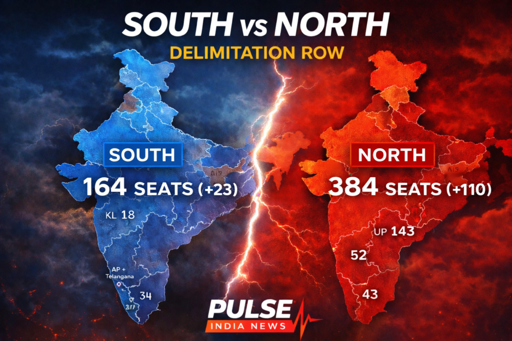 India map showing north vs south seat distribution after delimitation with north gaining more seats than south political divide graphic