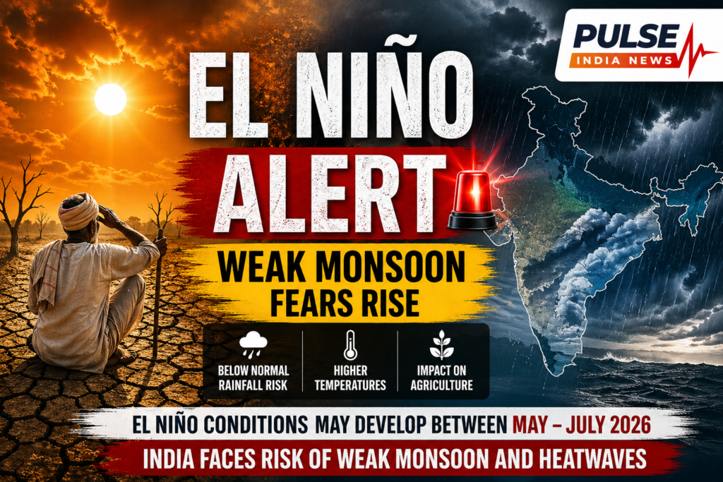 Cracked farmland and monsoon clouds symbolising El Niño threat over India in 2026