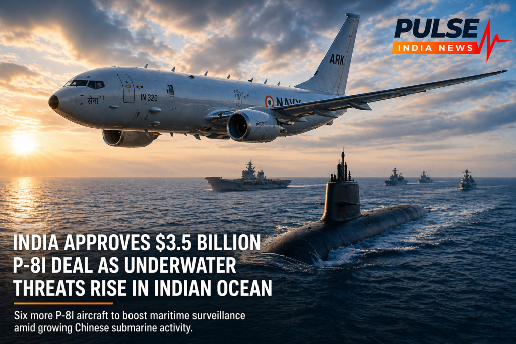 Indian Navy P-8I Poseidon aircraft flying over Indian Ocean with submarine and warships amid rising Chinese maritime activity