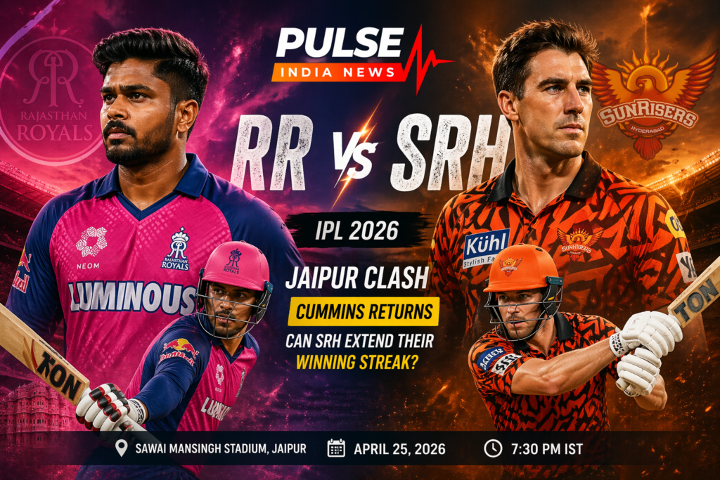 Rajasthan Royals vs Sunrisers Hyderabad IPL 2026 match poster showing players with Pat Cummins return ahead of Jaipur clash