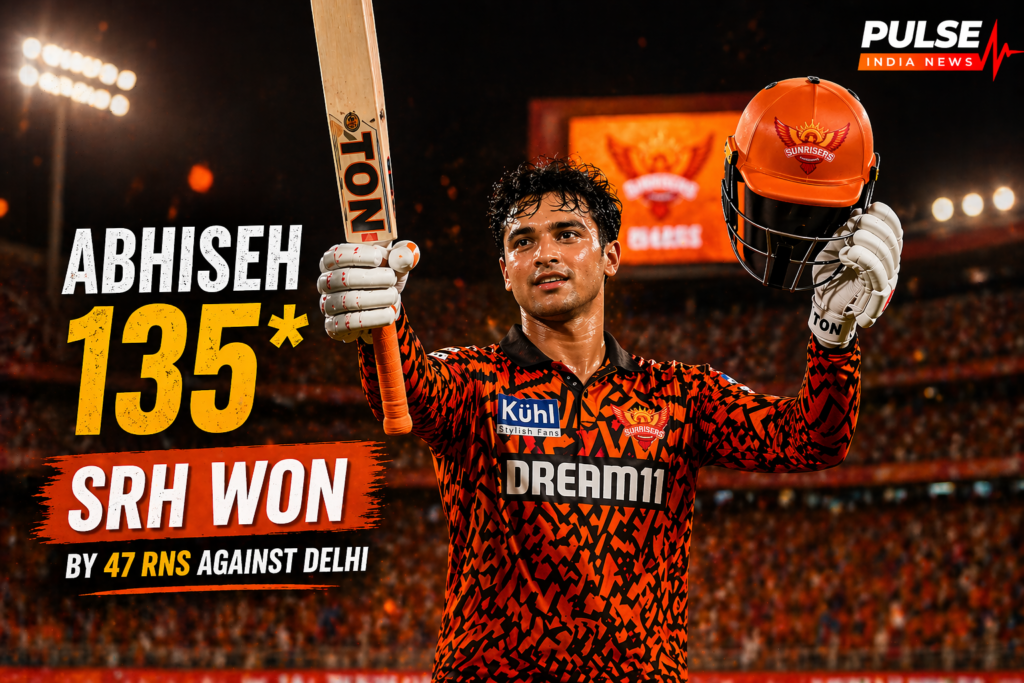 Abhishek Sharma celebrating his 135 not out innings for Sunrisers Hyderabad vs Delhi Capitals IPL 2026