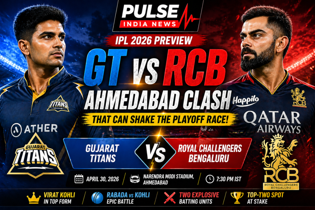 GT vs RCB IPL 2026 featured image showing Shubman Gill and Virat Kohli ahead of Gujarat Titans vs Royal Challengers Bengaluru match in Ahmedabad.