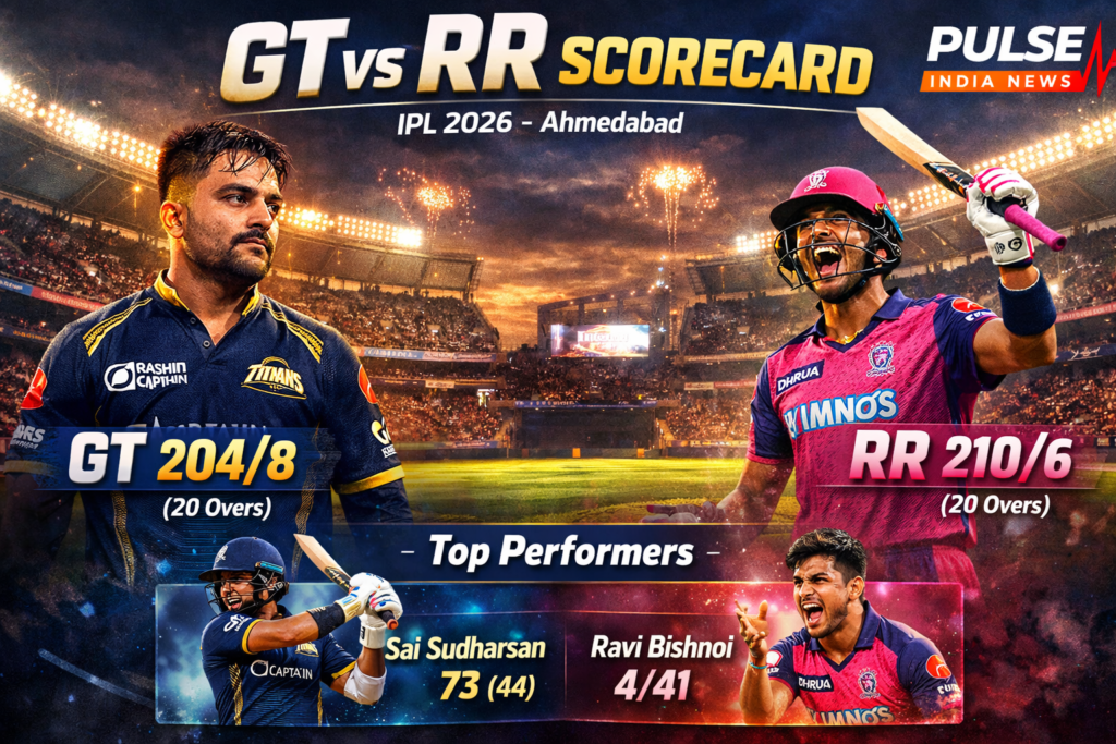 GT vs RR Thriller: Rajasthan Royals Stun Gujarat Titans After Dramatic Collapse from 127/2 GT vs RR IPL 2026 match result graphic showing Rajasthan Royals defeating Gujarat Titans with scores 210/6 vs 204/8 in Ahmedabad