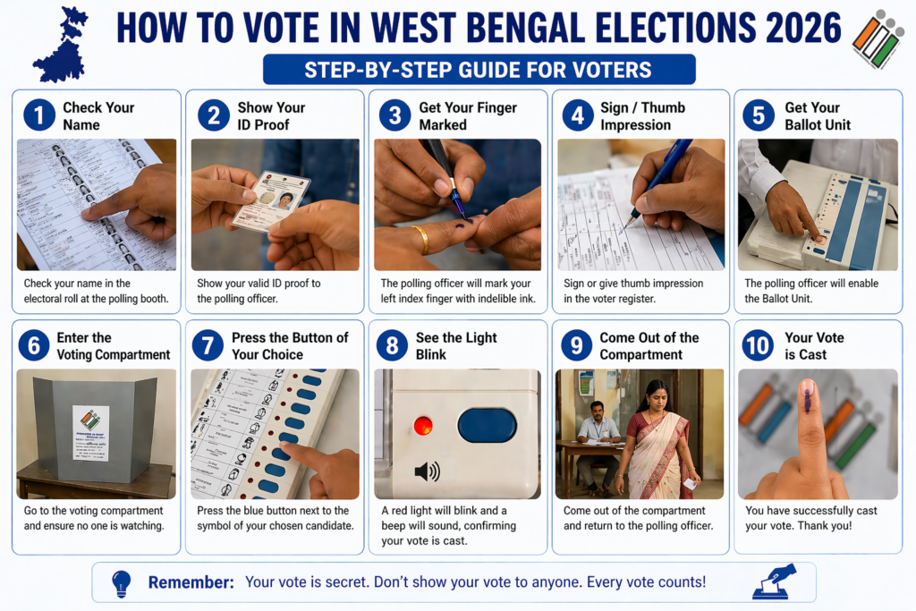 Step-by-step guide to voting using EVM in West Bengal Elections 2026 showing complete voting process