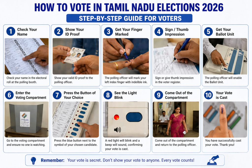 Step-by-step guide to voting using EVM in Tamil Nadu Elections 2026 showing complete voting process