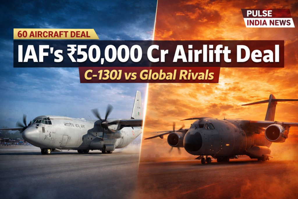 C-130J Super Hercules and C-390 Millennium aircraft in split cinematic view representing Indian Air Force 60 aircraft transport deal competition