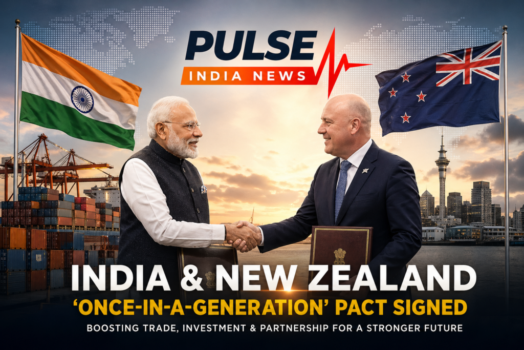 Indian Prime Minister Narendra Modi and New Zealand Prime Minister Christopher Luxon shaking hands during the signing of the India-New Zealand trade agreement, with national flags and trade port visuals in the background.