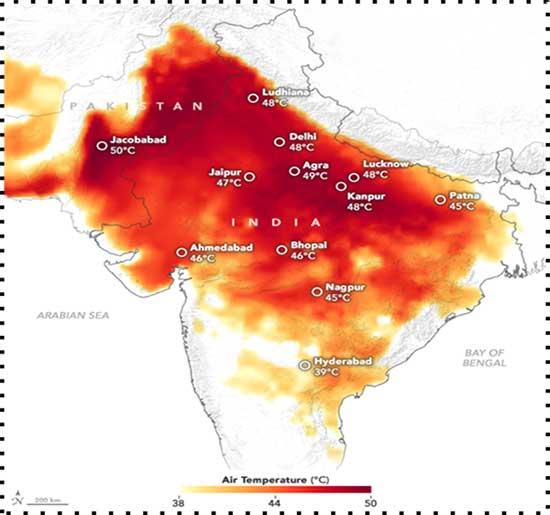 India heatwave 2026 temperature map showing 45 to 50 degree Celsius across Delhi Jaipur Nagpur Ahmedabad and North India regions