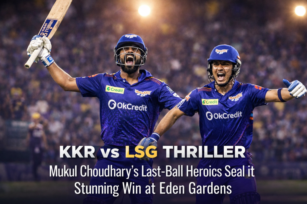 Mukul Choudhary and Ayush Badoni celebrating LSG’s last-ball victory vs KKR in IPL 2026 at Eden Gardens