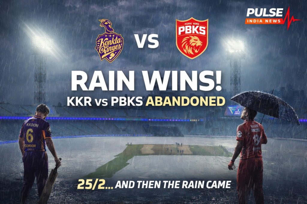 KKR vs PBKS Washed Out: Rain Saves Kolkata as Punjab Kings Lose Winning Chance KKR vs PBKS rain abandoned match IPL 2026 with players walking off and wet pitch under floodlights