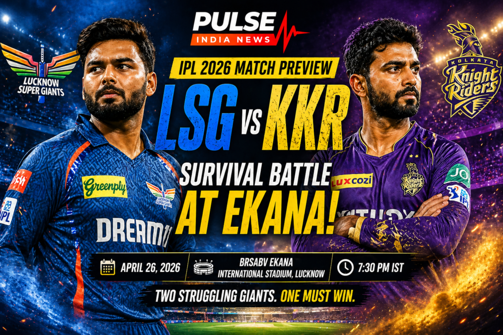 Rishabh Pant and Ajinkya Rahane featured in a cinematic IPL 2026 match preview poster for Lucknow Super Giants vs Kolkata Knight Riders