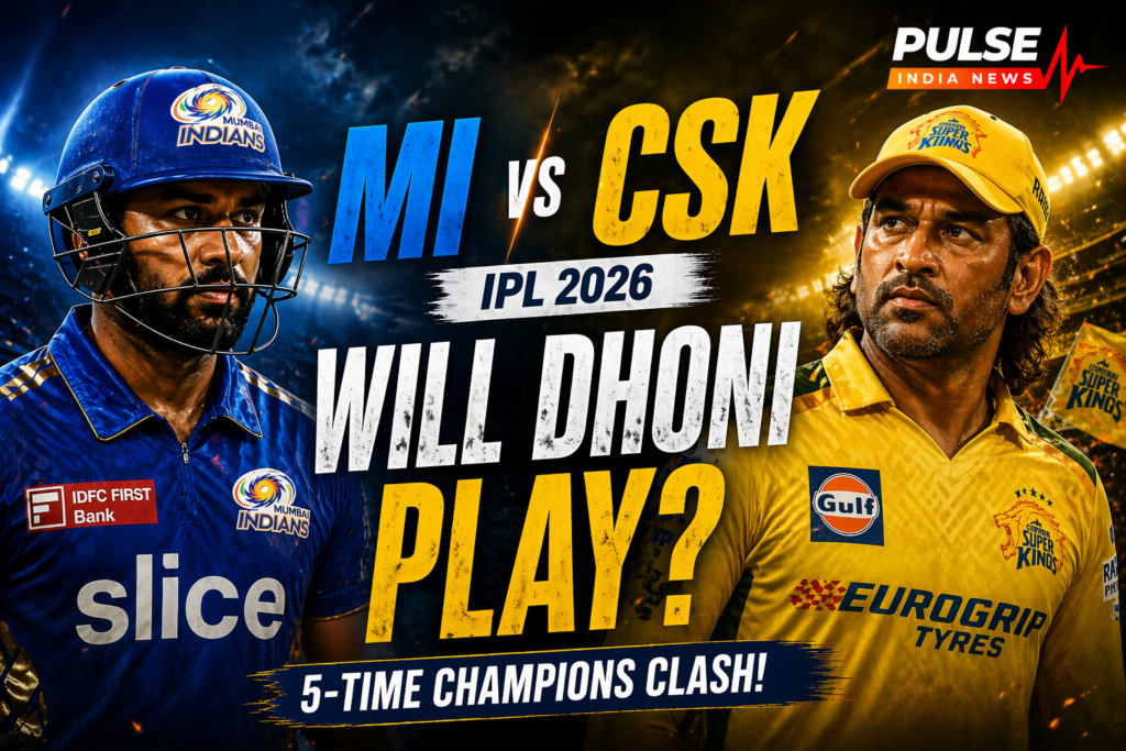 Mumbai Indians vs Chennai Super Kings IPL 2026 match featuring MS Dhoni with “Will Dhoni Play” headline