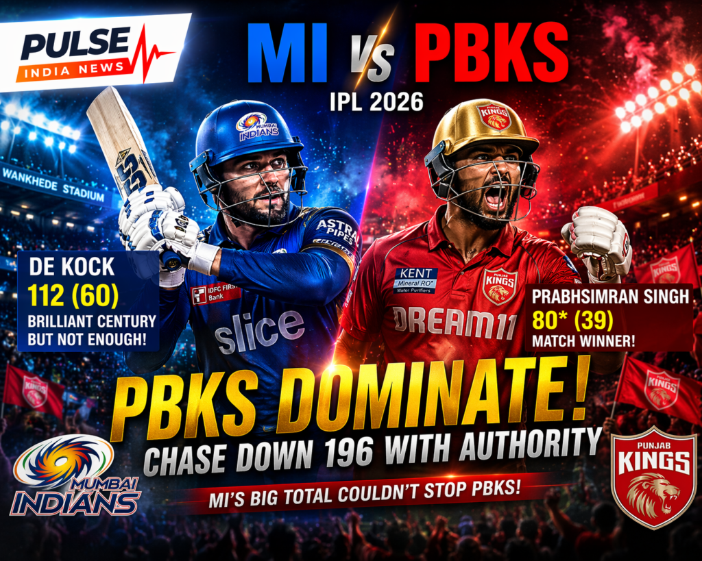 MI vs PBKS IPL 2026 match image showing Quinton de Kock century and Prabhsimran Singh match winning innings with cinematic stadium background