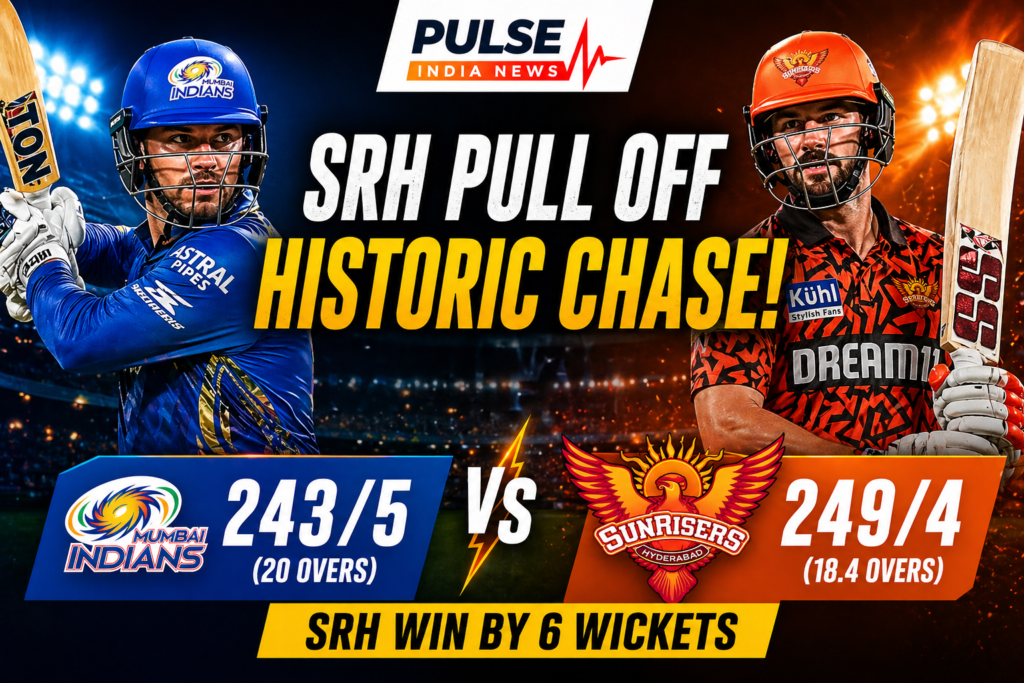Sunrisers Hyderabad players celebrate historic chase against Mumbai Indians in IPL 2026 at Wankhede Stadium with scores 249/4 and 243/5 displayed on featured graphic.