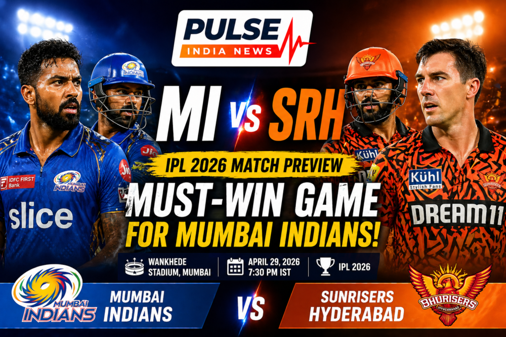 Mumbai Indians vs Sunrisers Hyderabad IPL 2026 match preview graphic with Hardik Pandya, SRH players and Pulse India News logo.