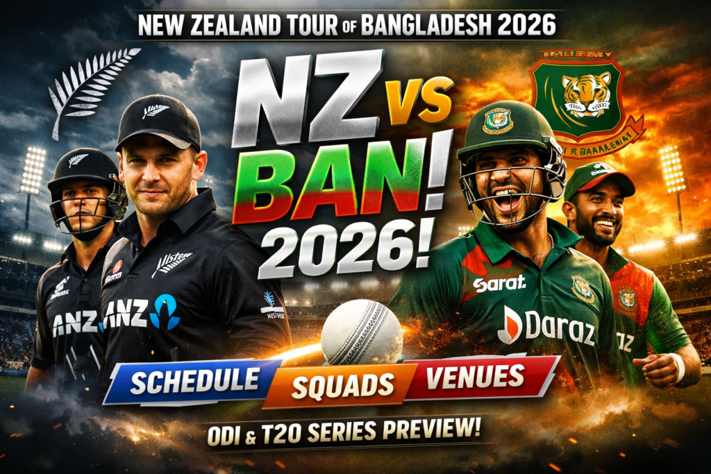 New Zealand Tour of Bangladesh 2026: Full Schedule, Squads, Venues and Match Details New Zealand vs Bangladesh 2026 series poster featuring players, stadium background, and ODI T20 schedule squads and venues graphic