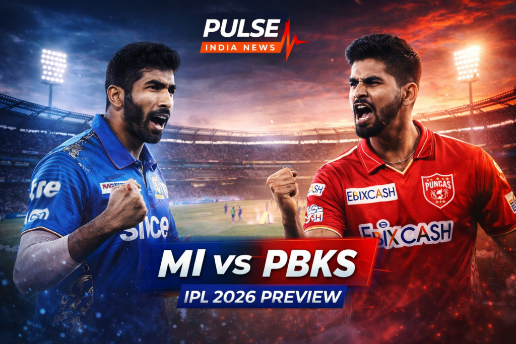 Jasprit Bumrah and Shreyas Iyer face-off in MI vs PBKS IPL 2026 match preview with Wankhede Stadium background