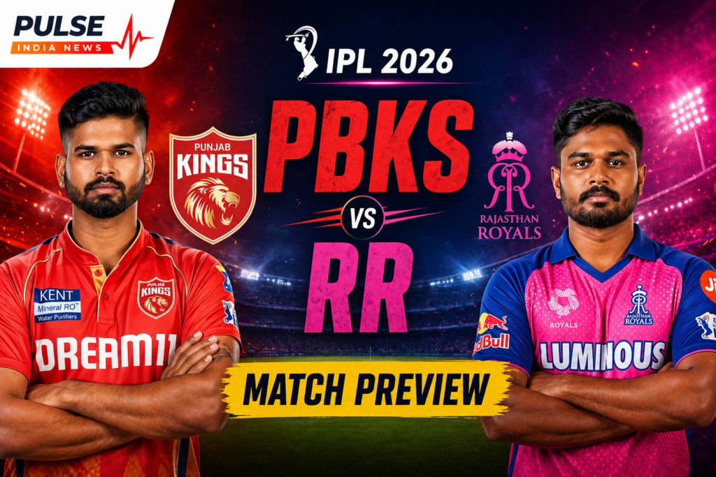PBKS vs RR IPL 2026 match preview featured image with Punjab Kings and Rajasthan Royals players in stadium background and Pulse India News logo.