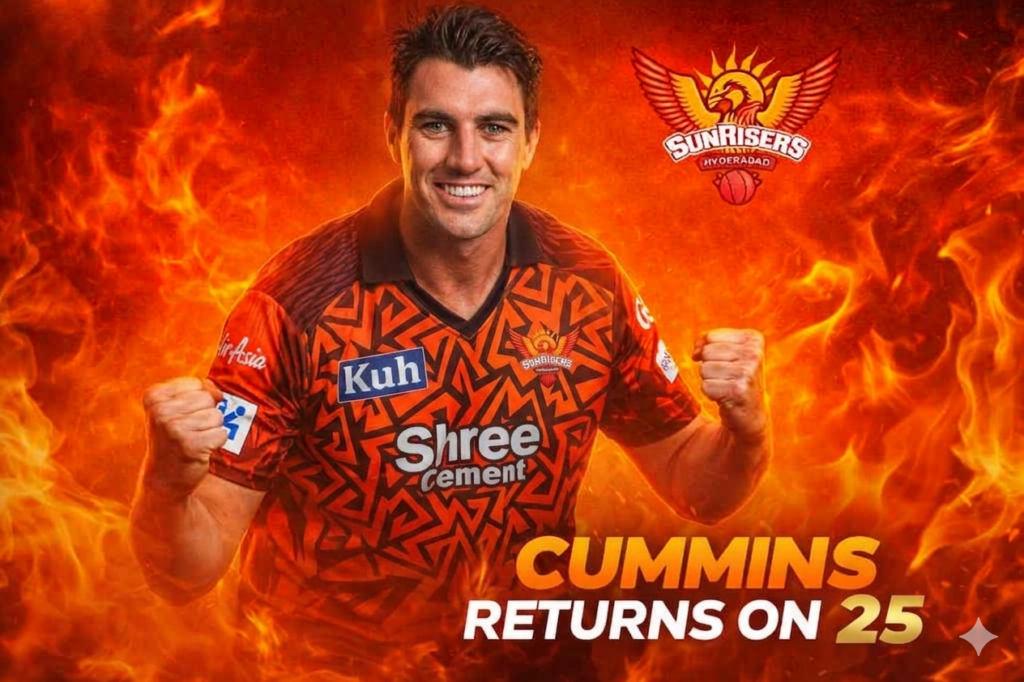 Pat Cummins in Sunrisers Hyderabad jersey with fiery background graphic highlighting his return on April 25 in IPL 2026