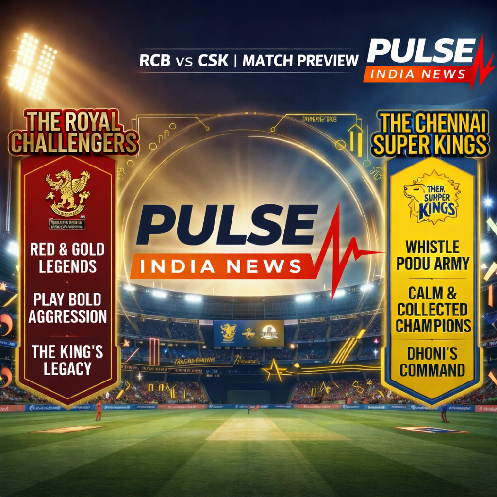 🔥 CSK vs RCB IPL 2026 Preview: Dhoni vs Kohli Clash Set to Ignite Chepauk RCB vs CSK IPL 2026 match preview graphic at Chinnaswamy Stadium with Royal Challengers Bengaluru and Chennai Super Kings banners and Pulse India News logo