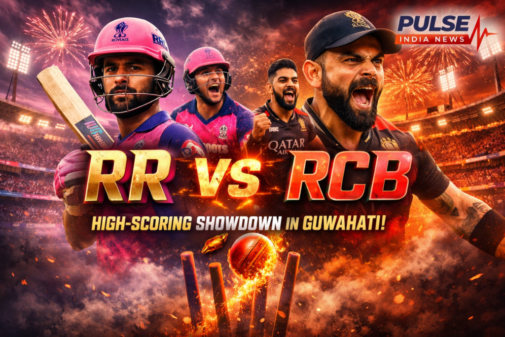 RR vs RCB IPL 2026 featured image showing Rajasthan Royals and Royal Challengers Bengaluru players in a cinematic high-scoring match setup at Guwahati stadium
