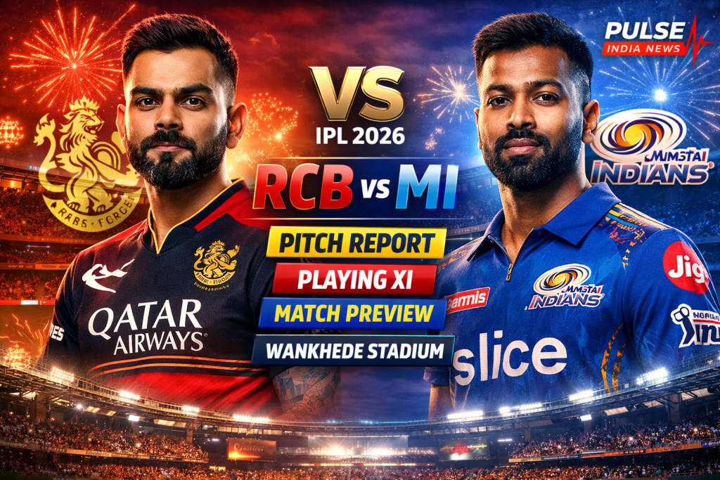 RCB vs MI IPL 2026 match preview featuring Virat Kohli and Hardik Pandya at Wankhede Stadium with Pulse India News logo