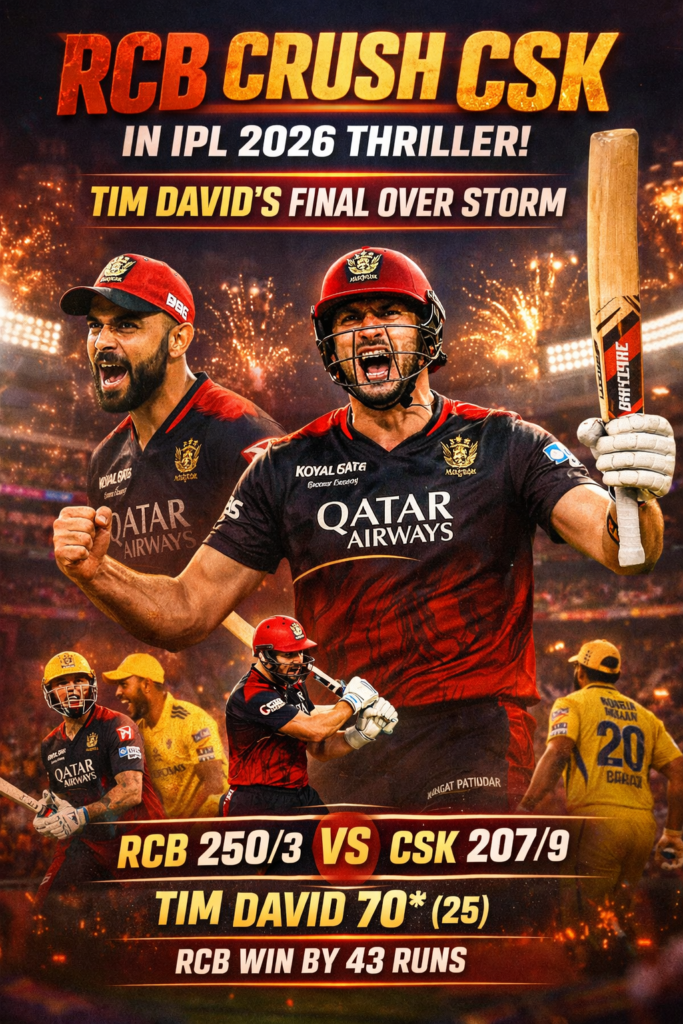 RCB Crush CSK in IPL 2026 Thriller: Tim David Storm Turns Match in Final Overs Tim David celebrating after scoring 70 runs for RCB against CSK in IPL 2026 match at Bengaluru stadium