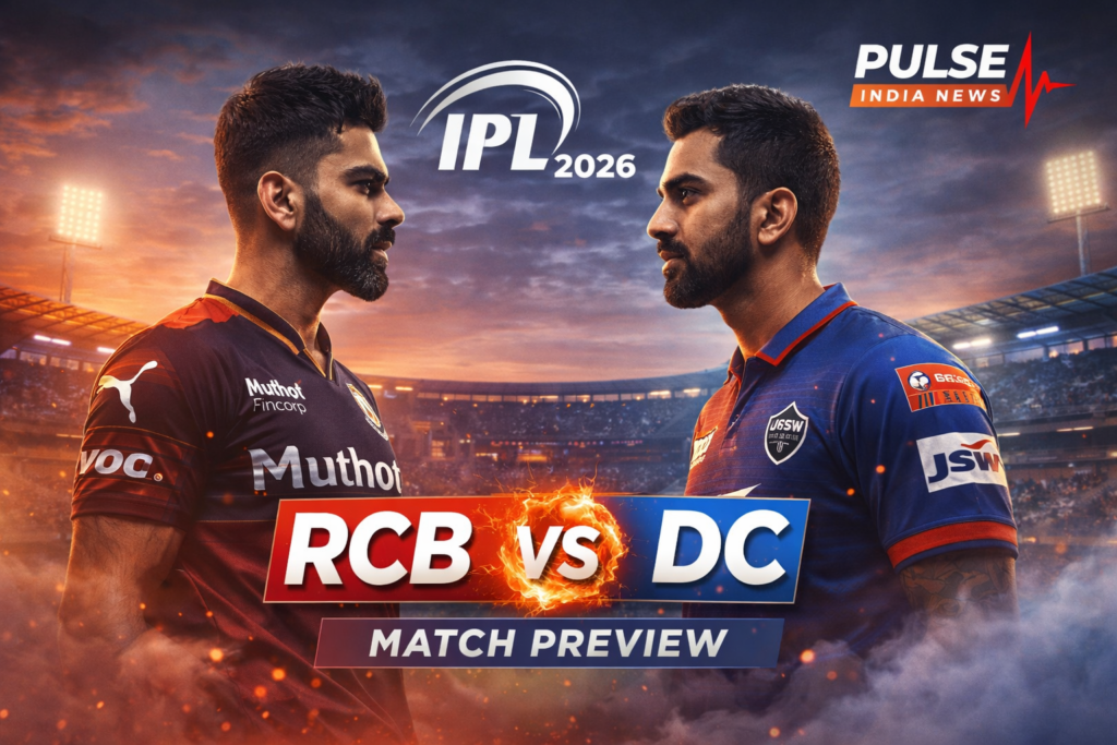 RCB vs DC IPL 2026 match preview image showing Virat Kohli and KL Rahul facing off at Chinnaswamy Stadium with Pulse India News logo
