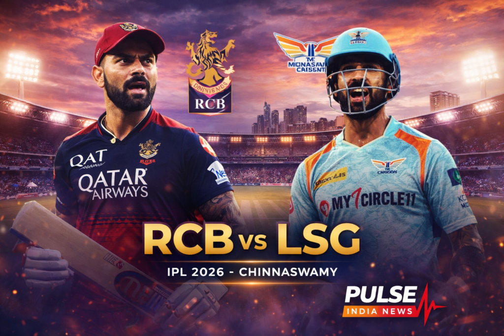 RCB vs LSG IPL 2026 match preview featuring Virat Kohli and KL Rahul at Chinnaswamy Stadium with Pulse India News branding