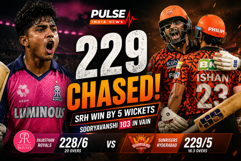 Vaibhav Sooryavanshi reacts after scoring a century while Sunrisers Hyderabad players celebrate chasing 229 against Rajasthan Royals in IPL 2026