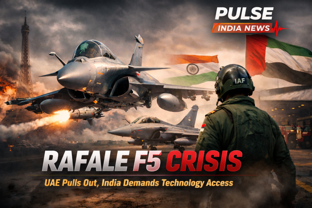 Rafale F5 crisis illustration showing French fighter jet, Indian Air Force pilot, UAE and India flags, highlighting defence tensions and technology dispute