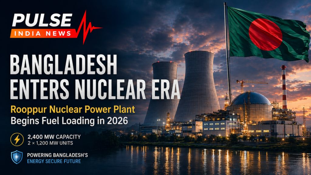 Cinematic view of Bangladesh’s Rooppur Nuclear Power Plant with reactor cooling towers, Bangladesh flag and headline about the country entering the nuclear energy era in 2026.
