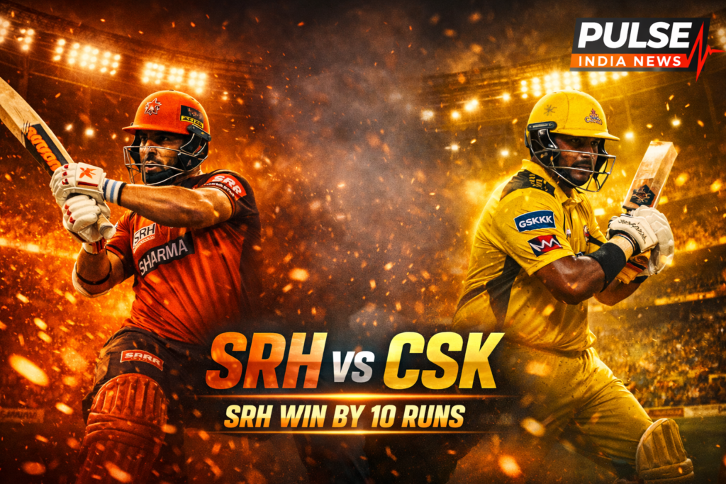 SRH vs CSK IPL 2026 match poster showing Sunrisers Hyderabad batsman attacking and Chennai Super Kings player under pressure with SRH winning by 10 runs