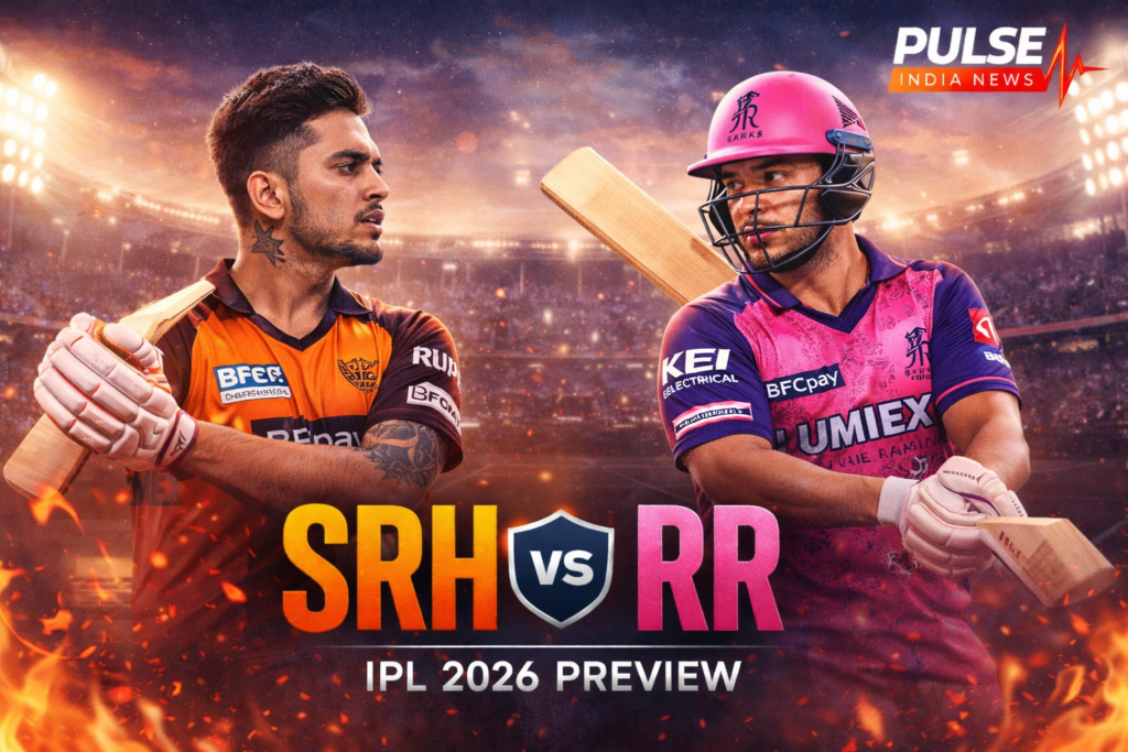SRH vs RR IPL 2026 match preview poster with Sunrisers Hyderabad and Rajasthan Royals players and Pulse India News logo