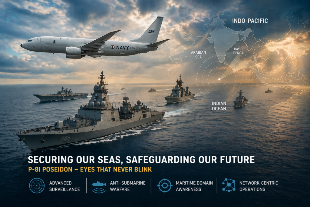 Indian Navy warships and P-8I aircraft conducting coordinated maritime surveillance operations in the Indian Ocean