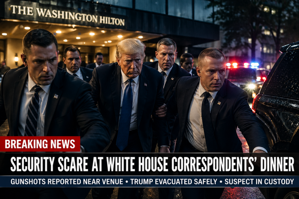 Donald Trump escorted by Secret Service agents outside the Washington Hilton after a major security scare during the White House Correspondents’ Dinner in Washington DC
