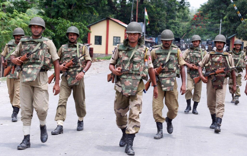 Indian security forces patrolling hills and border areas in Manipur