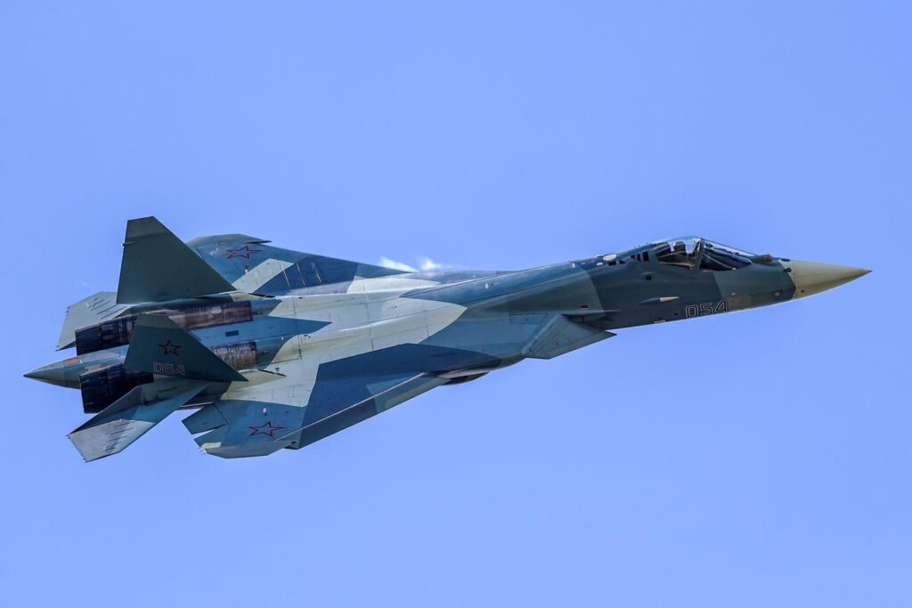 Russian Su-57 fifth-generation stealth fighter aircraft in flight