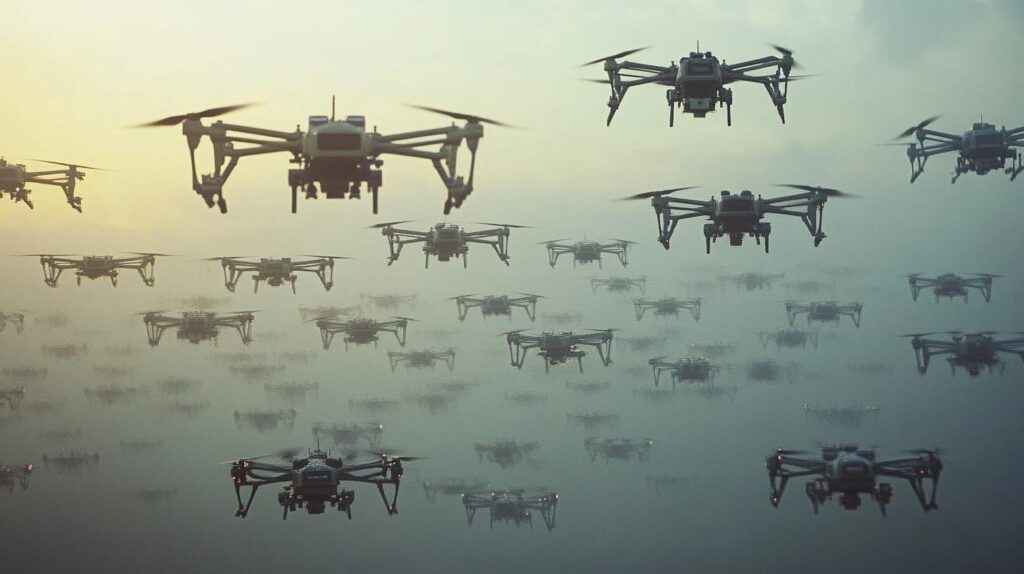 🛰️ Future Warfare Blueprint: Stealth, AI Targeting & Autonomous Systems Reshape Global Military Power Military drone swarm flying in coordinated formation demonstrating autonomous AI-powered swarm warfare capability