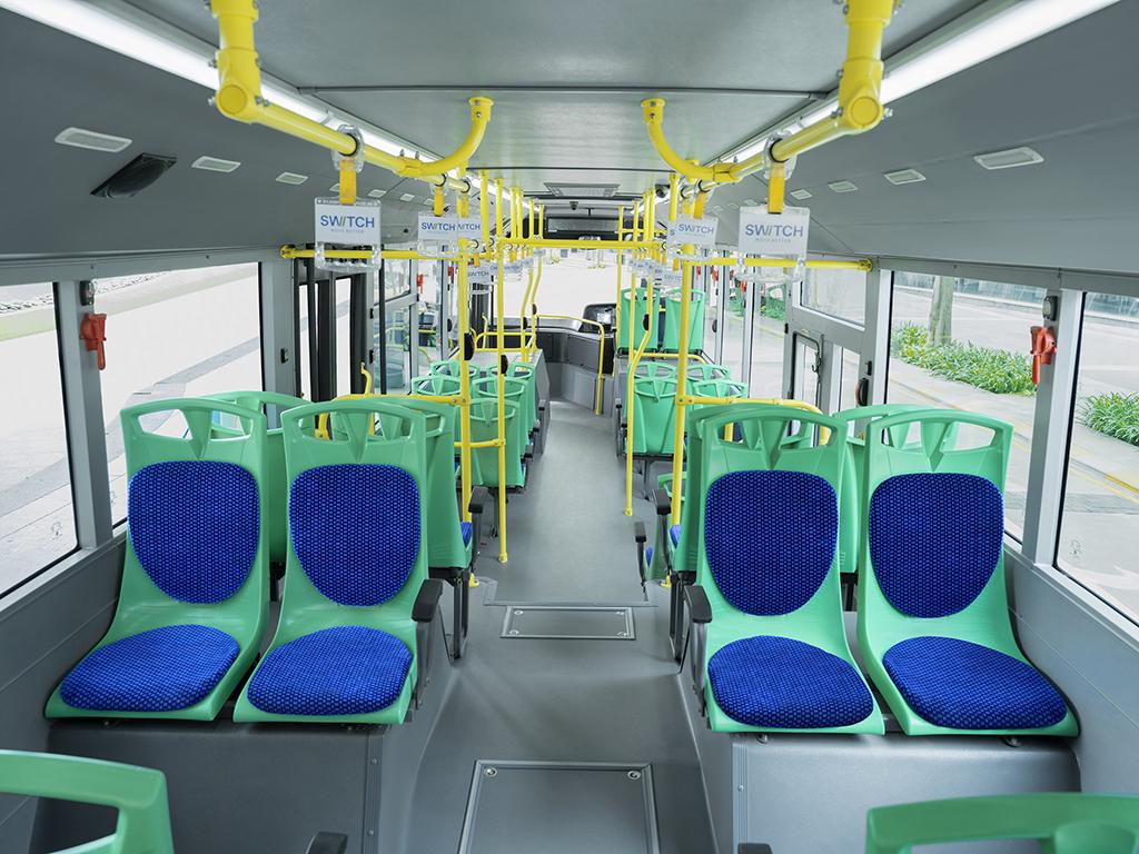Interior view of electric Metro Express bus with modern seating