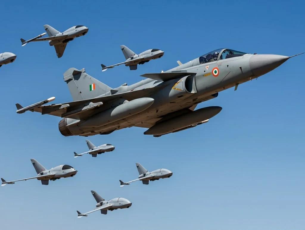 fighter jet with loyal wingman drone future warfare concept