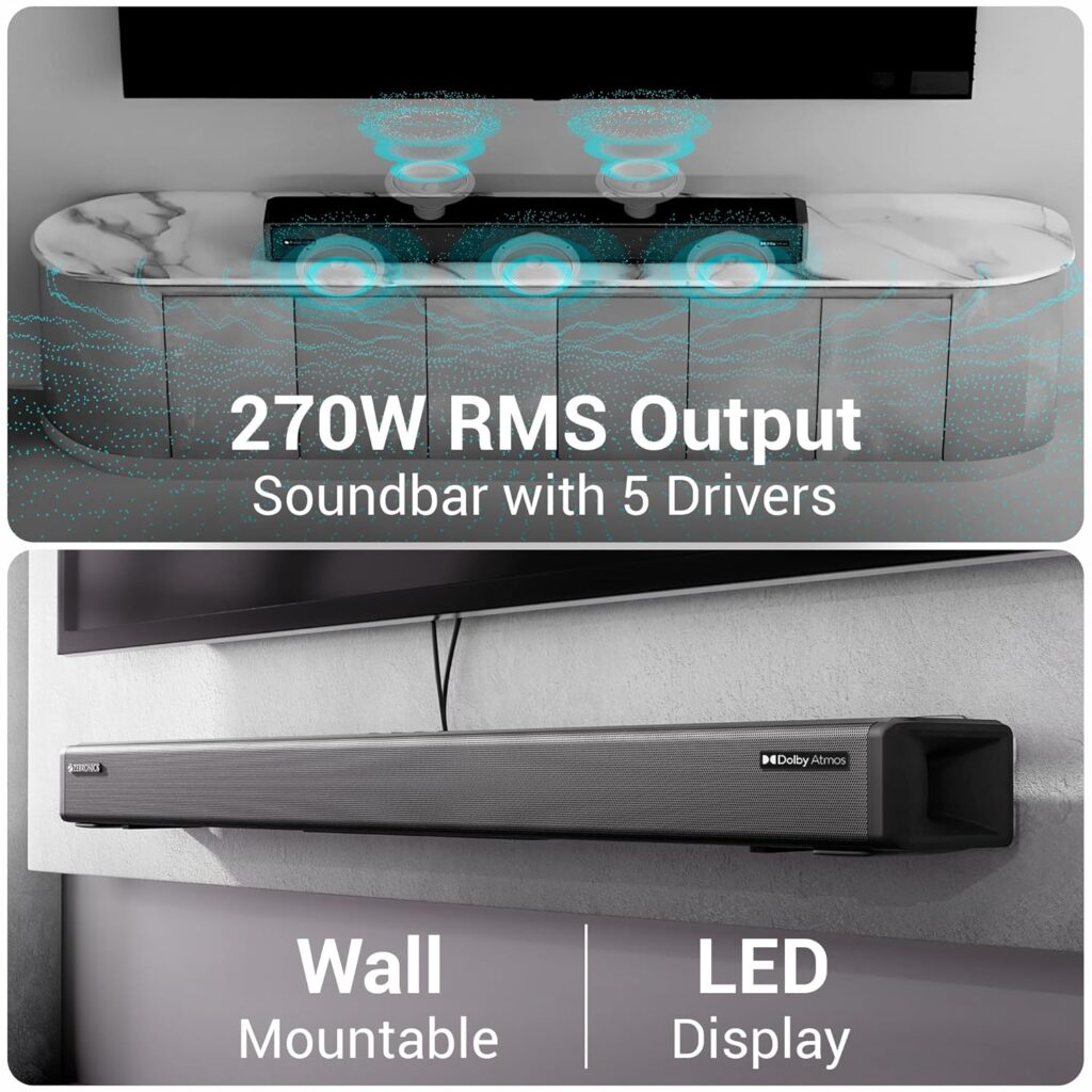 5.2.2 Dolby Atmos soundbar with 270W RMS output, multiple drivers, wall mount design and LED display for home theatre setup