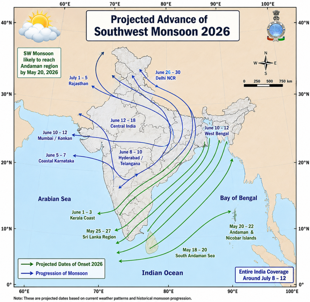 Projected 2026 Southwest Monsoon advance map showing expected onset timeline across Andaman, Kerala, Central India and northern regions