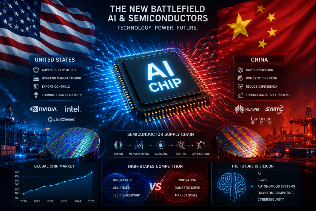 US China AI and semiconductor technology rivalry illustration