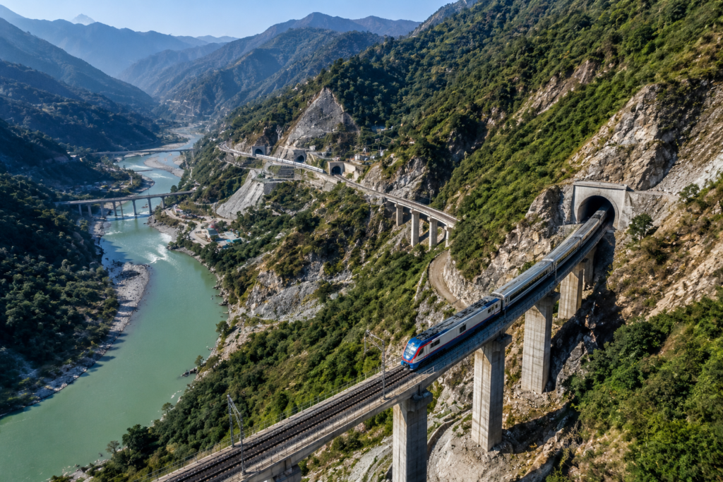 Aerial view of the Rishikesh-Karnaprayag railway project passing through the Himalayan mountains in Uttarakhand.