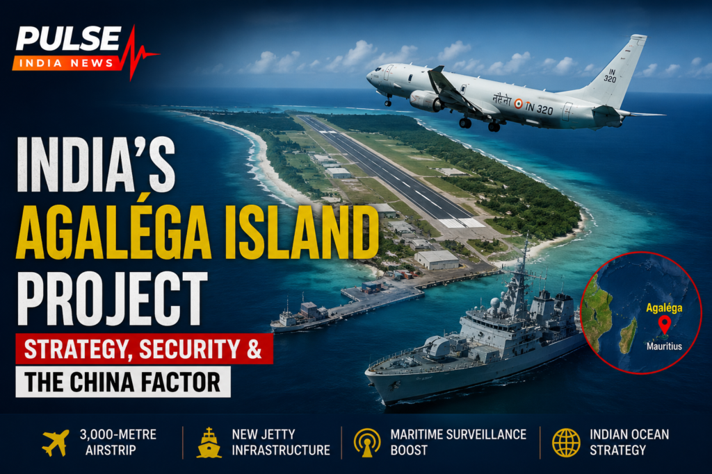 India’s Agaléga Island project showing airstrip, naval jetty and Indian maritime surveillance presence in the Indian Ocean.