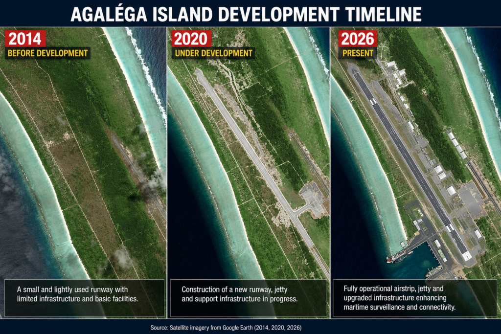 Satellite view of Agaléga Island showing newly developed runway and jetty infrastructure