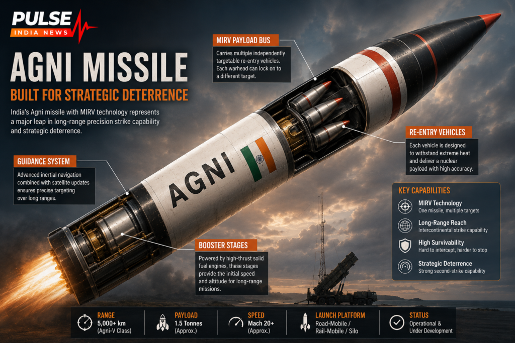 Agni Missile: One Weapon, Multiple Targets — India’s Strategic Leap with MIRV Technology Technical illustration of India’s Agni missile highlighting MIRV payload and strategic strike systems.